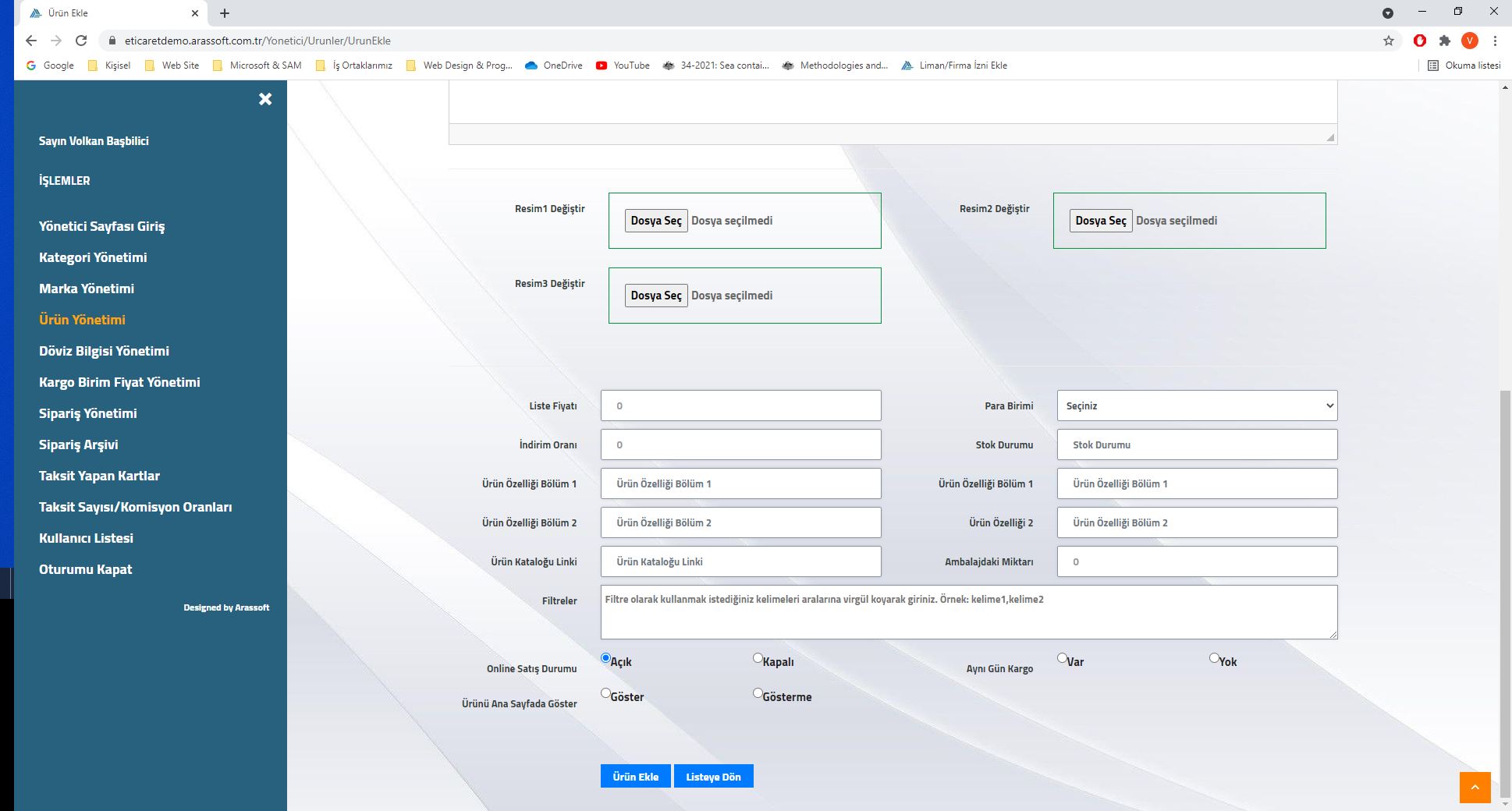 Arassoft E-Ticaret Yönetim Paneli